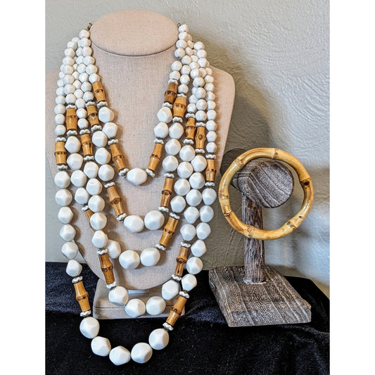 Signed Hobe Five Strand White & Bamboo Bead Vintage Necklace