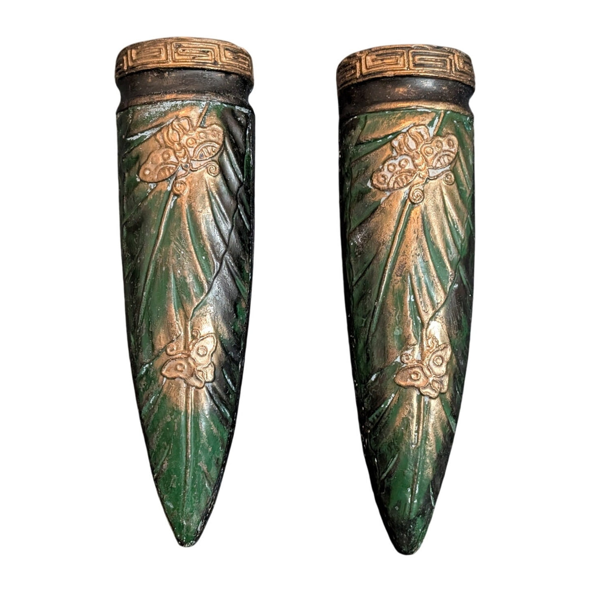 Vintage to Antique Tokanabe Pair Green Black Gilt Japanese Wall Pocket Vases