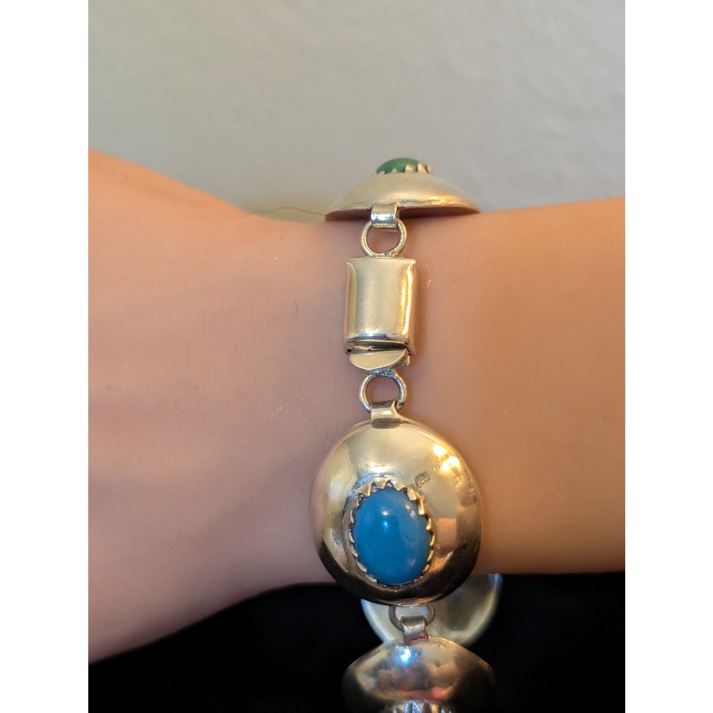 Vintage Mexico Signed 925 Sterling Multi-Stone Domed Link Bracelet