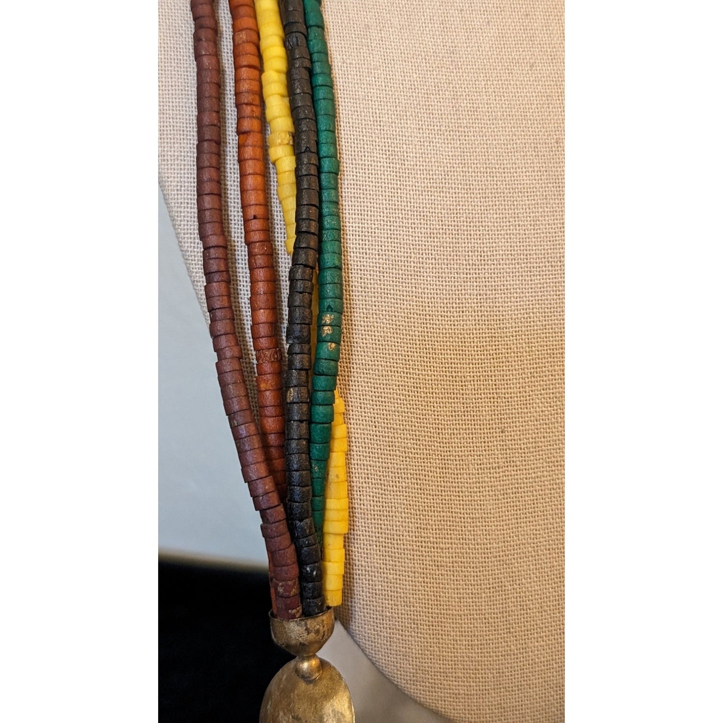 Vintage Beads in Black Brown Caramel Gold & Green Brass Accent Necklace