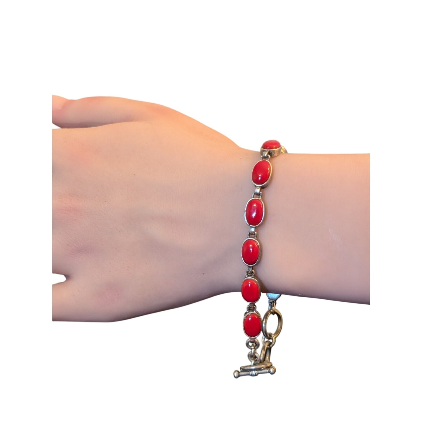 925 Sterling Silver Brilliant Red Coral Toggle Bracelet