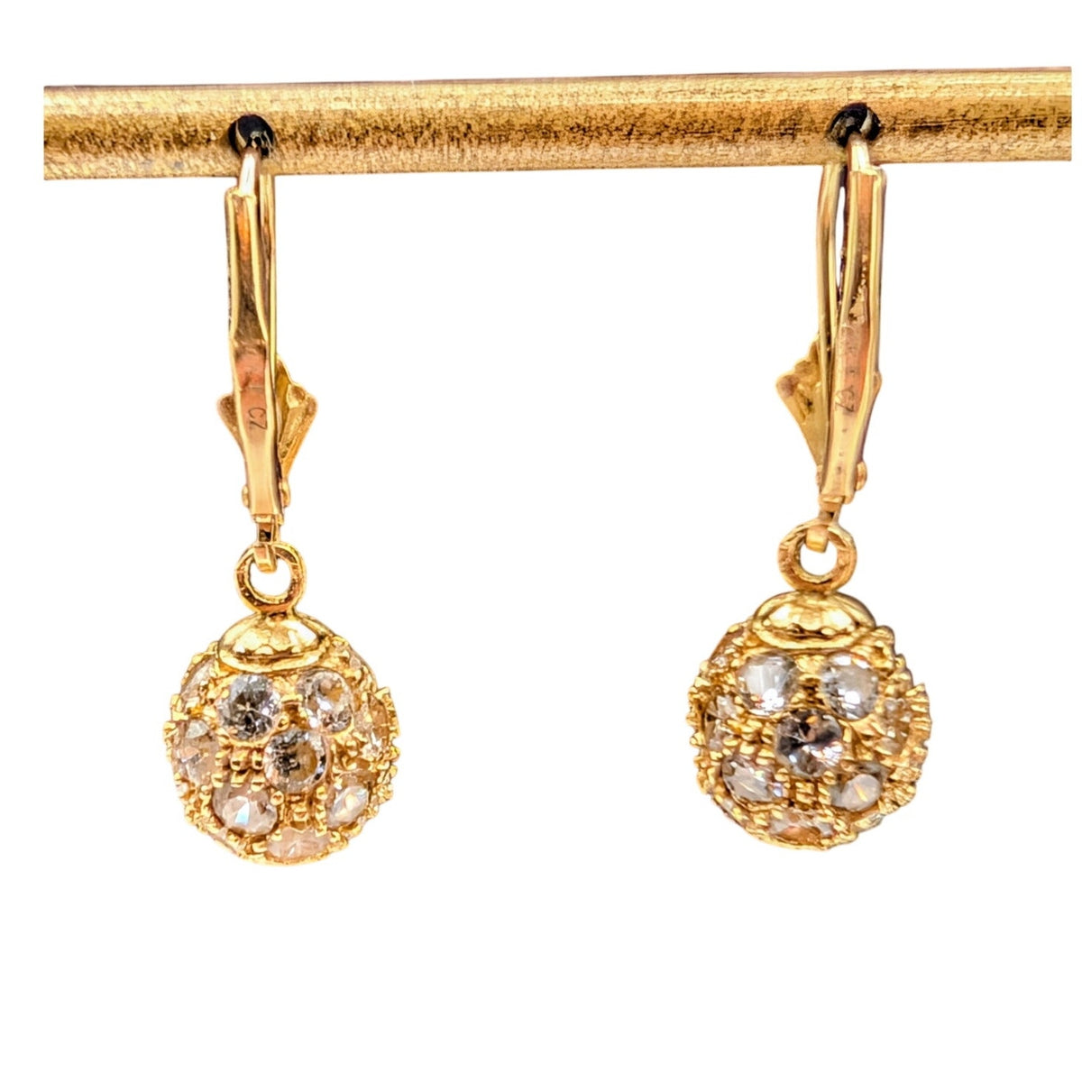 Vintage 14K Cubic Zirconia Fire Ball Dangle Lever Back Earrings