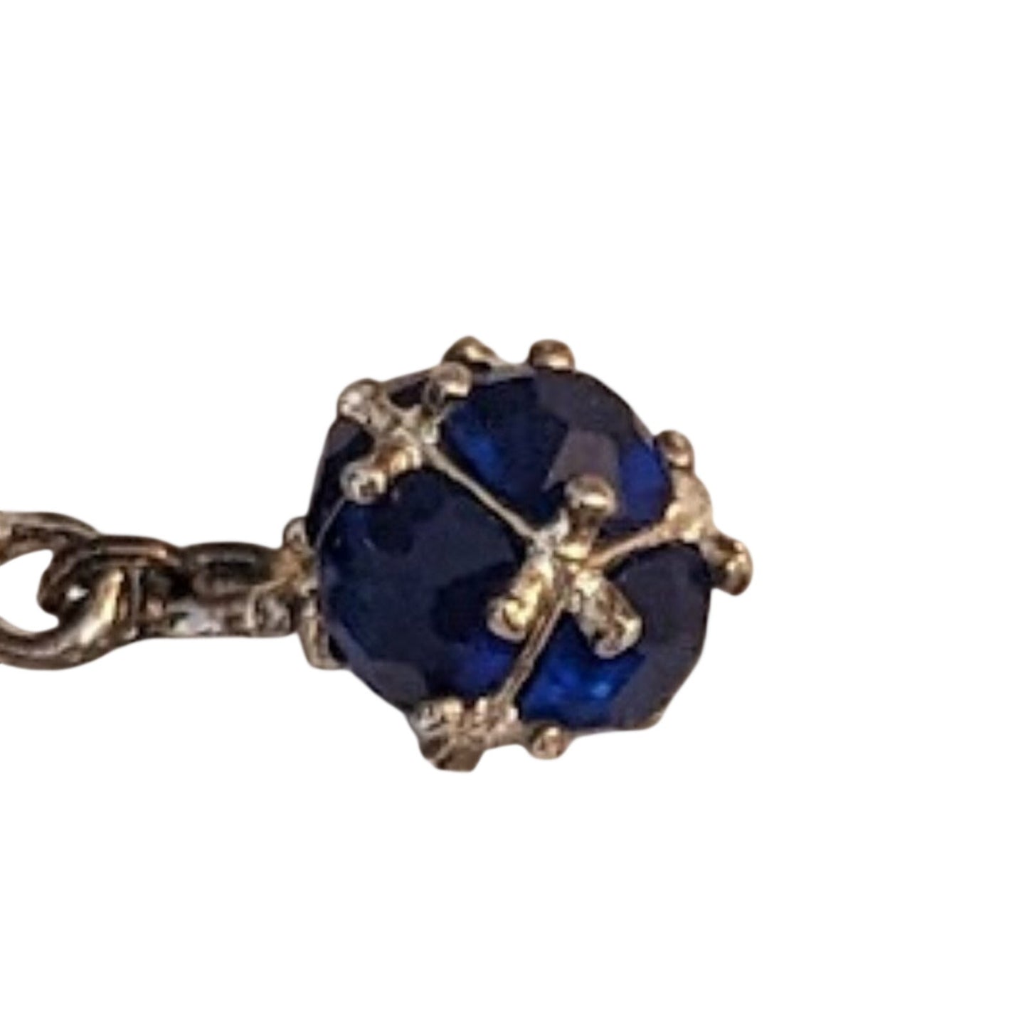 Charm Bracelet With Blue Crystal Beads in Silver Tone Metal with Safety Chain
