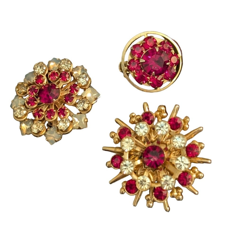 Set of Three Gold Tone Red Clear Rhinestone Unmarked Vintage Brooches