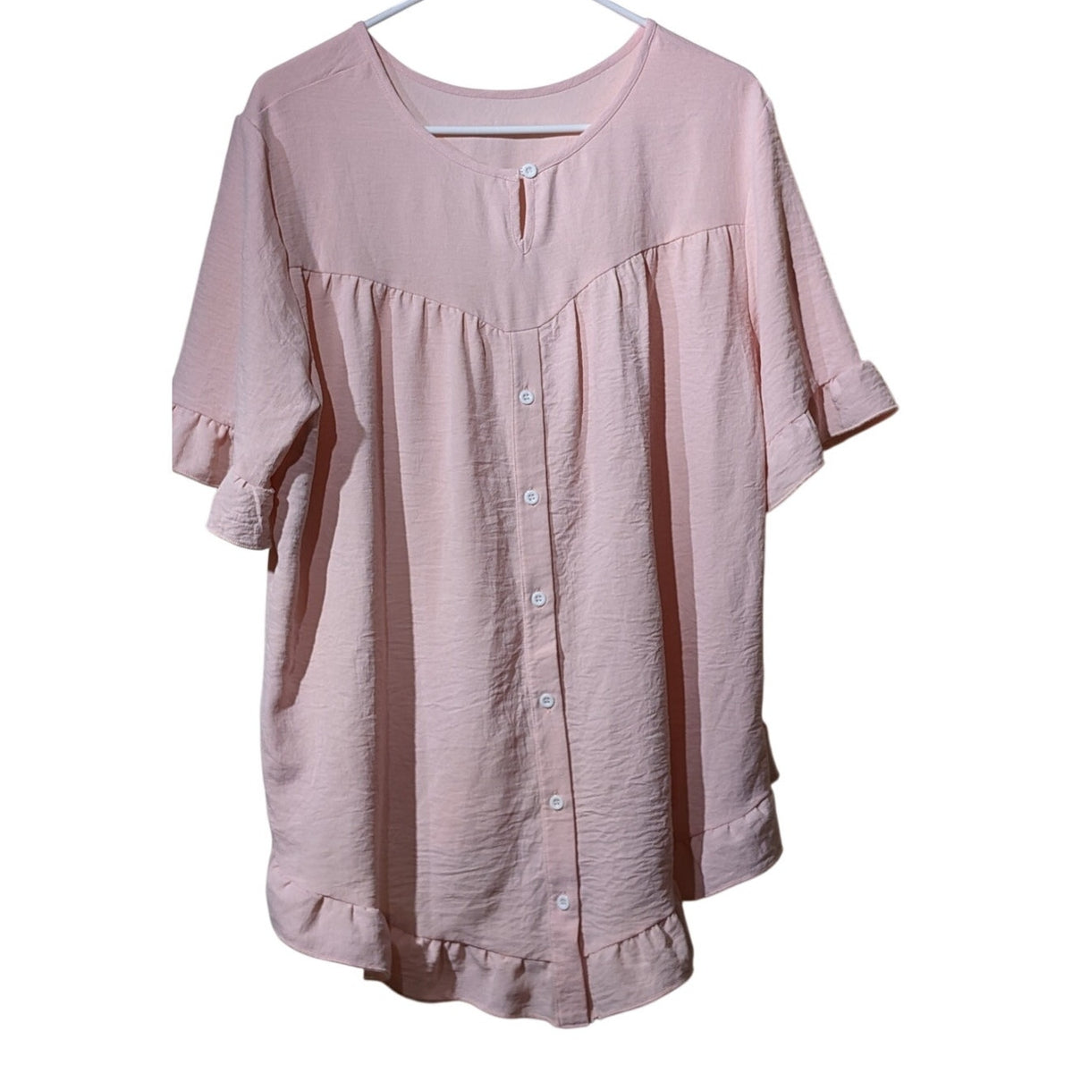 Peachy/Pink Button Up Back High Low Ruffle Hem/Sleeve Blouse Sz XL