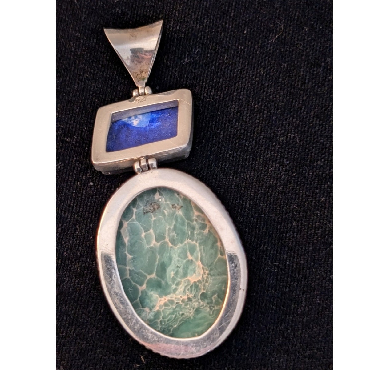 Vintage Native American Green Marbled Stone & Blue Lapiz Hinged 925 Pendant