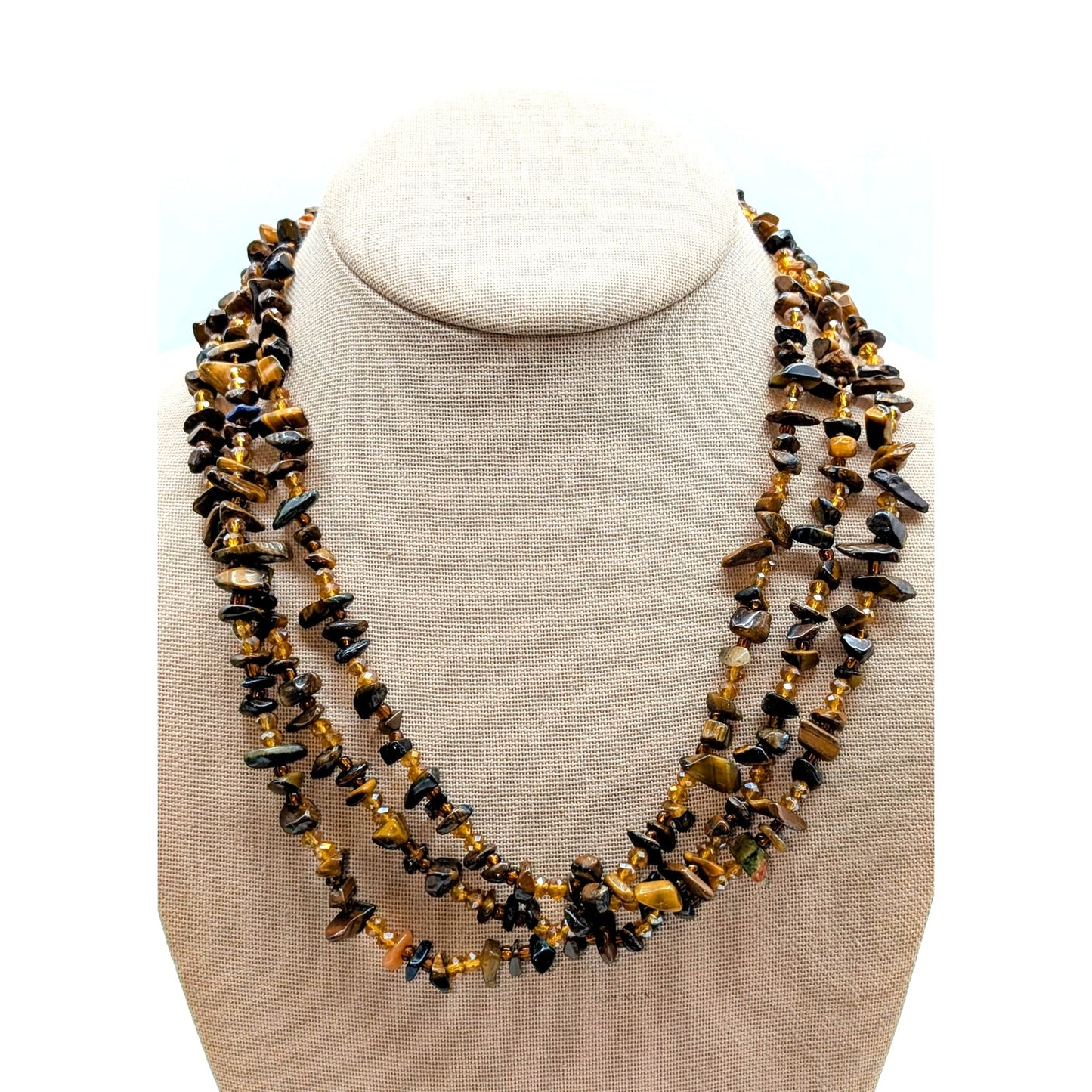 Triple Strand Tiger's Eye & Brown Chip Bead Magnetic Clasp Necklace & Bracelet