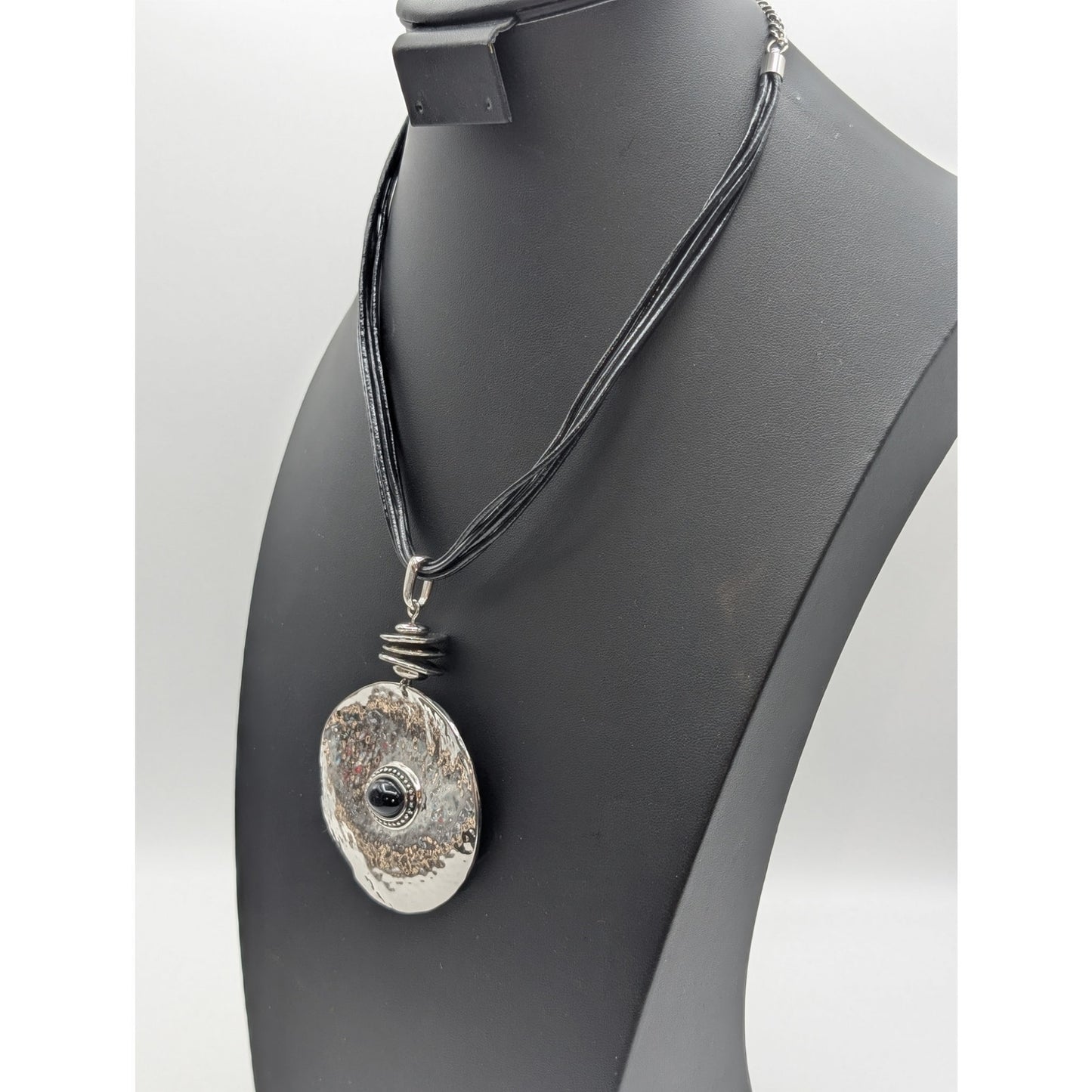 Chico's Hammered Black Bead Silver Tone Medallion Five Corded 15.5"-20" Necklace