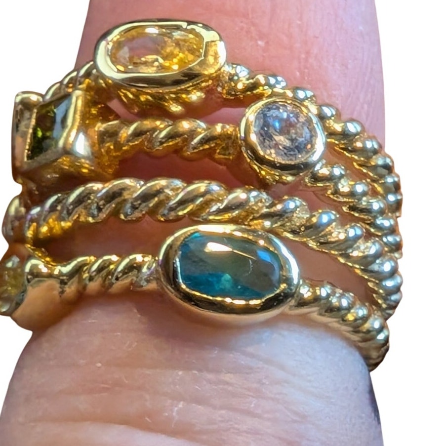 Four Stackable 925 Sterling Vermeil Bezel Set Crystal Gold Tone Rope Band Rings