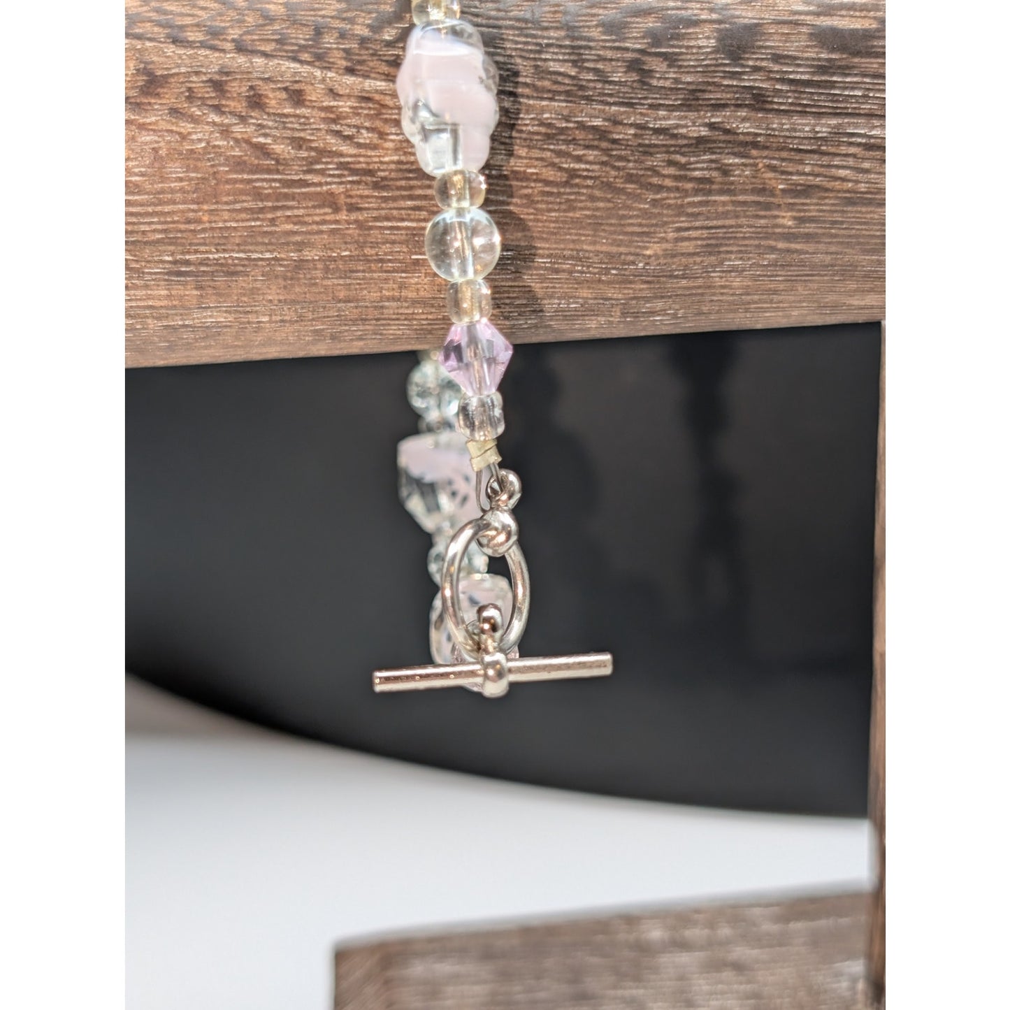 Multi-Shape Glass Beads W/ Pink Cloud Inside Silver Tone Toggle Clasp Bracelet