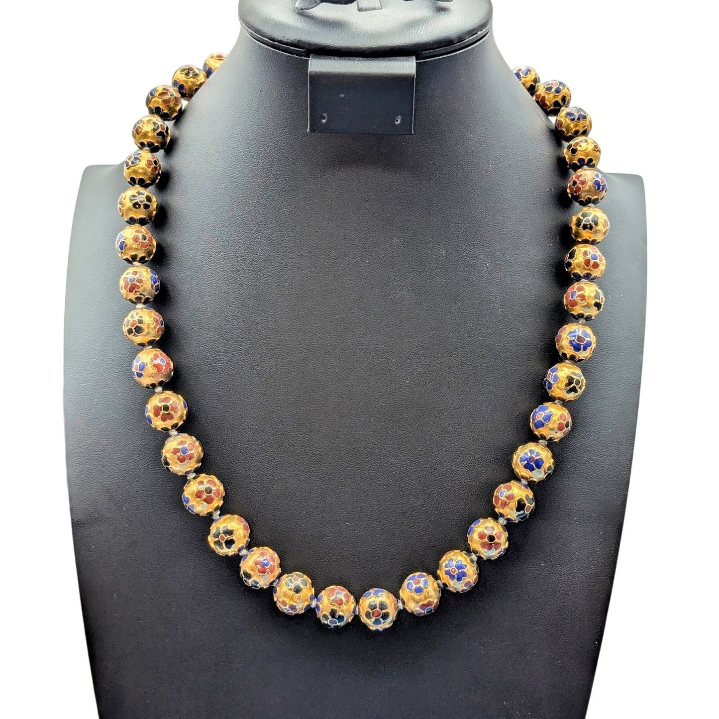 Antique Chinese Cloisonne Multi-Color Enamel Hand Knotted 14mm Bead Necklace