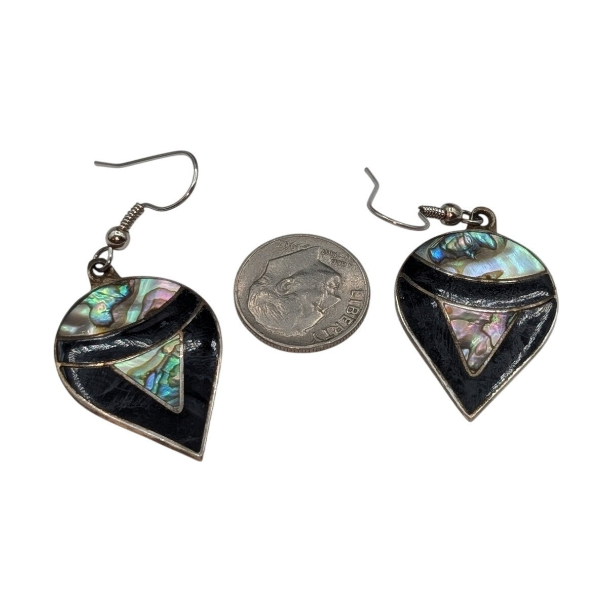 Vintage Alpaca Mexico Teardrop Abalone Onyx Inlay Dangle Earrings