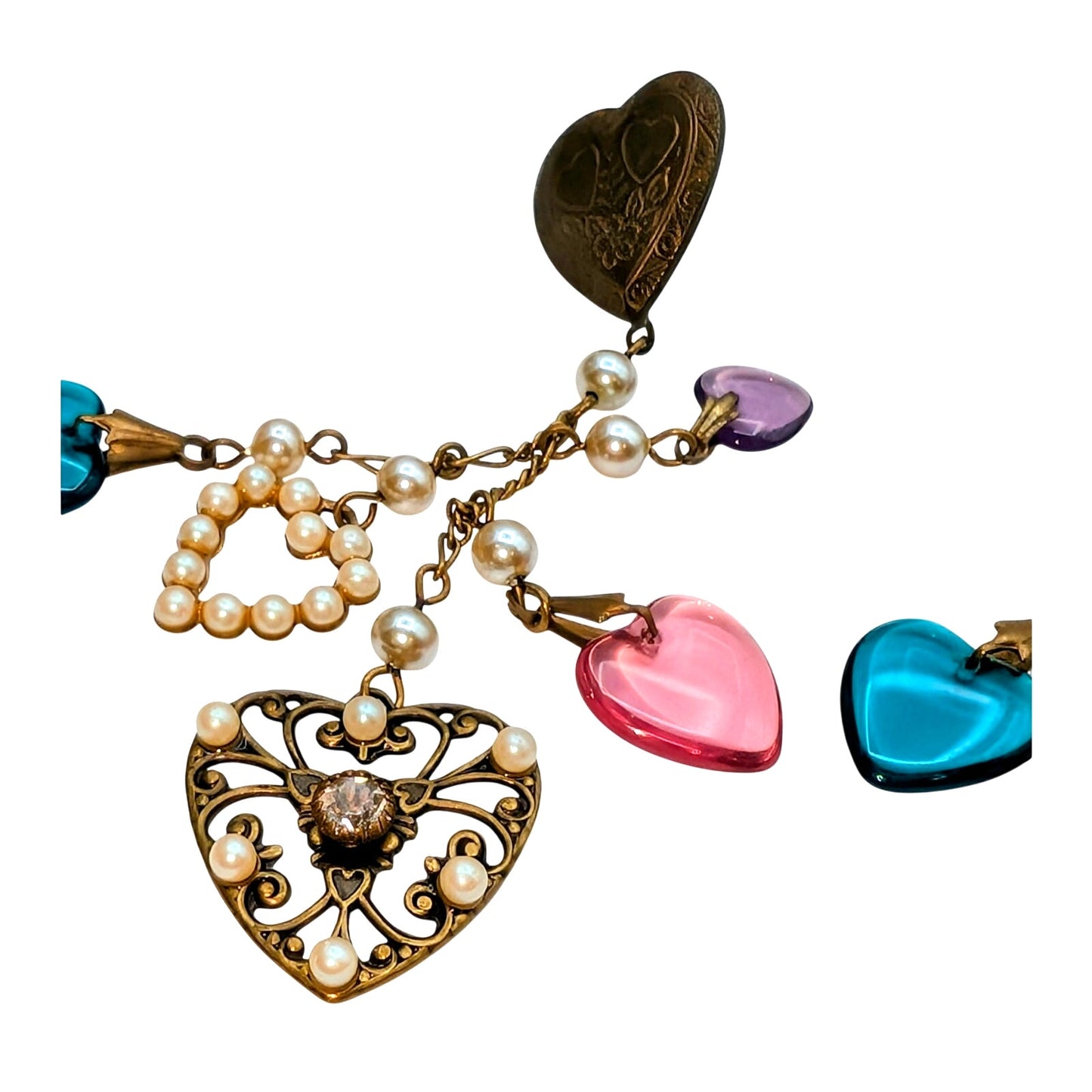 Vintage Heart Charm Faux Pearl Chandelier Dangle Earrings