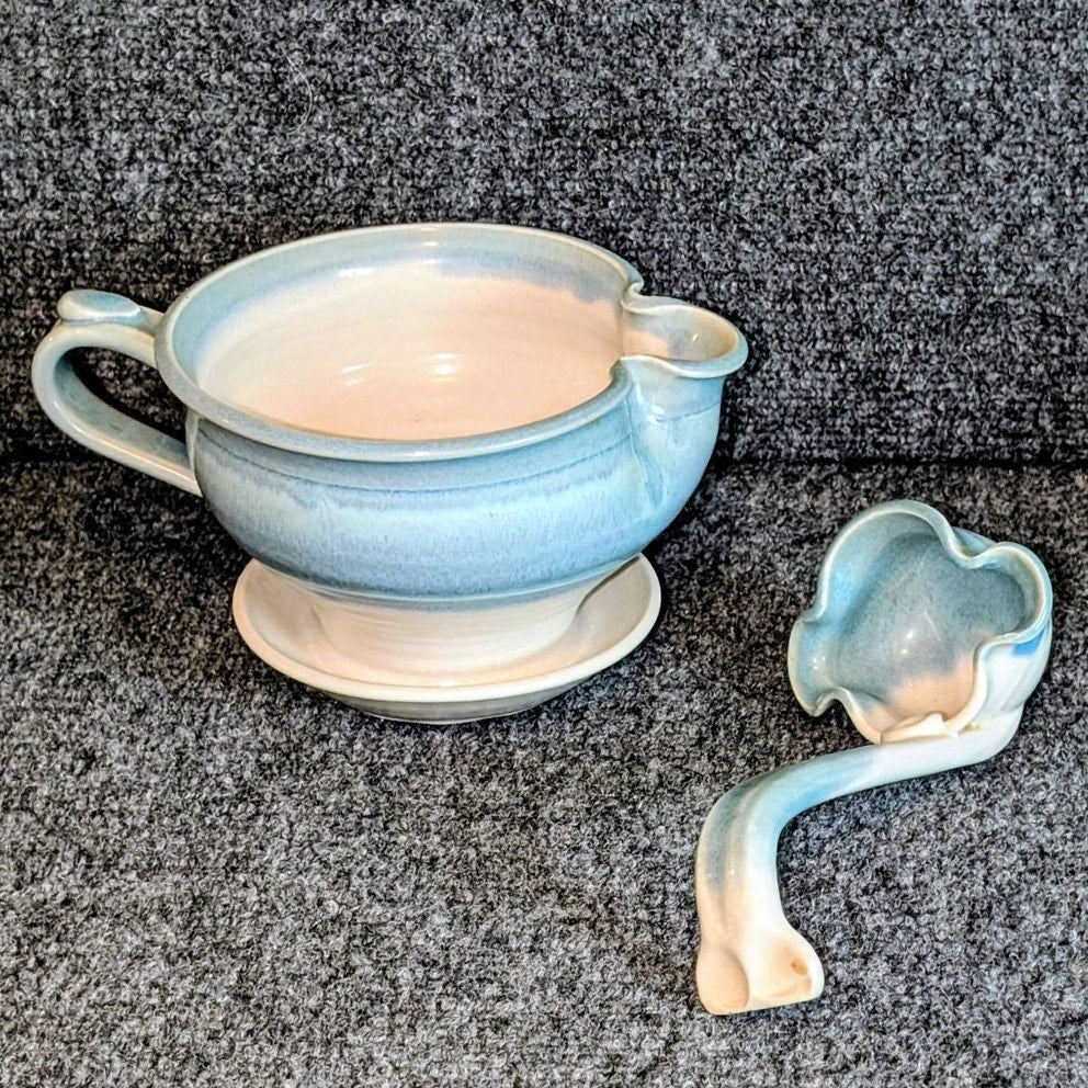 Hand Made Blue White Gravy Boat W/ Matching Ladle Studio Pottery