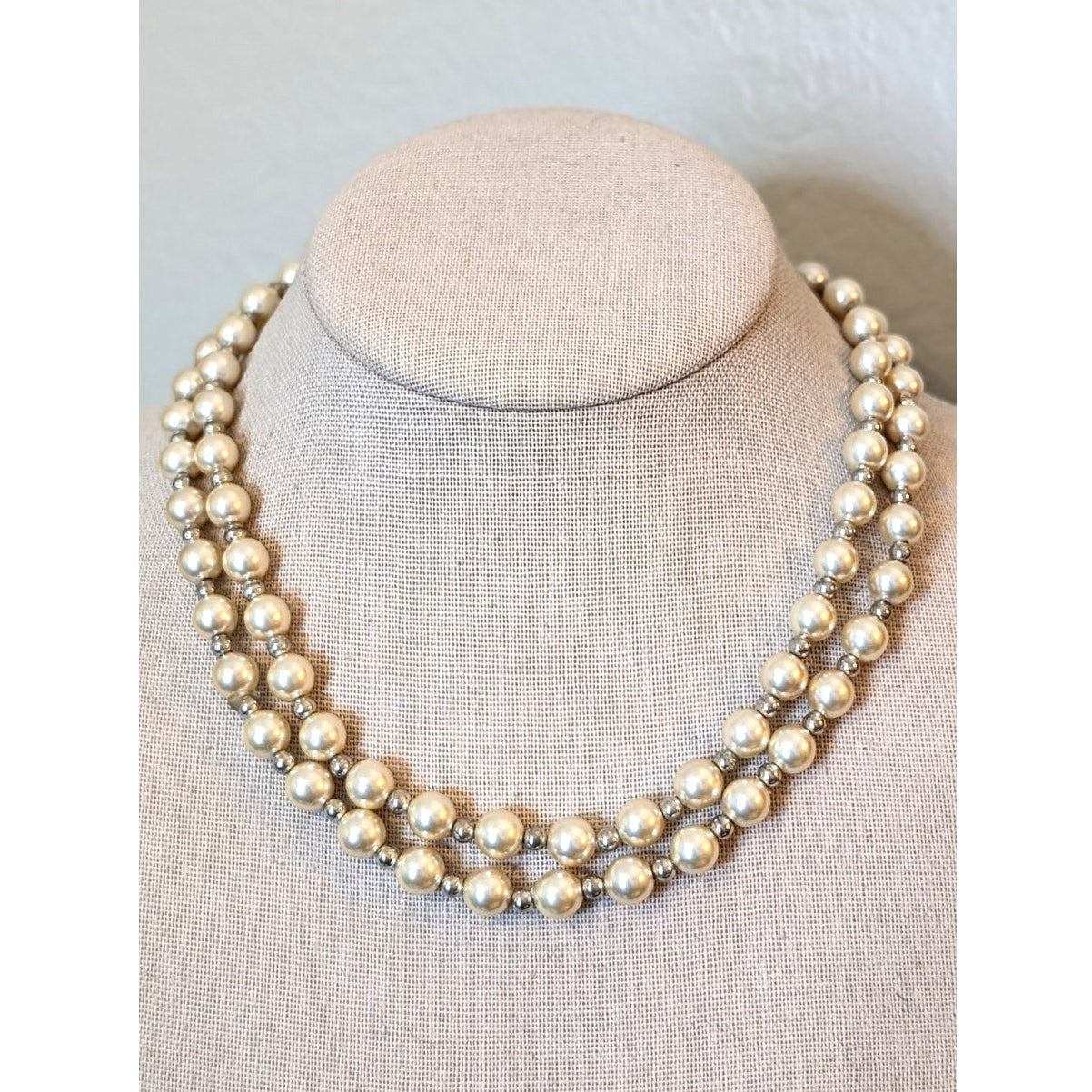 Double Strand 5mm Glass Pearls W/ Marked 925 Sterling Silver Beads and Clasp