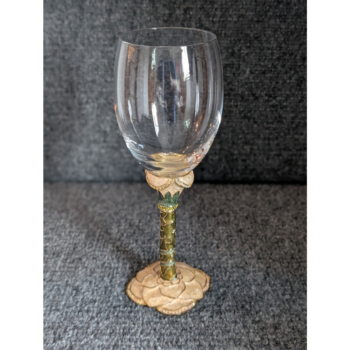 Vintage 2 Saints Tan Green Enamel Rhinestone Embellished Wine Goblet