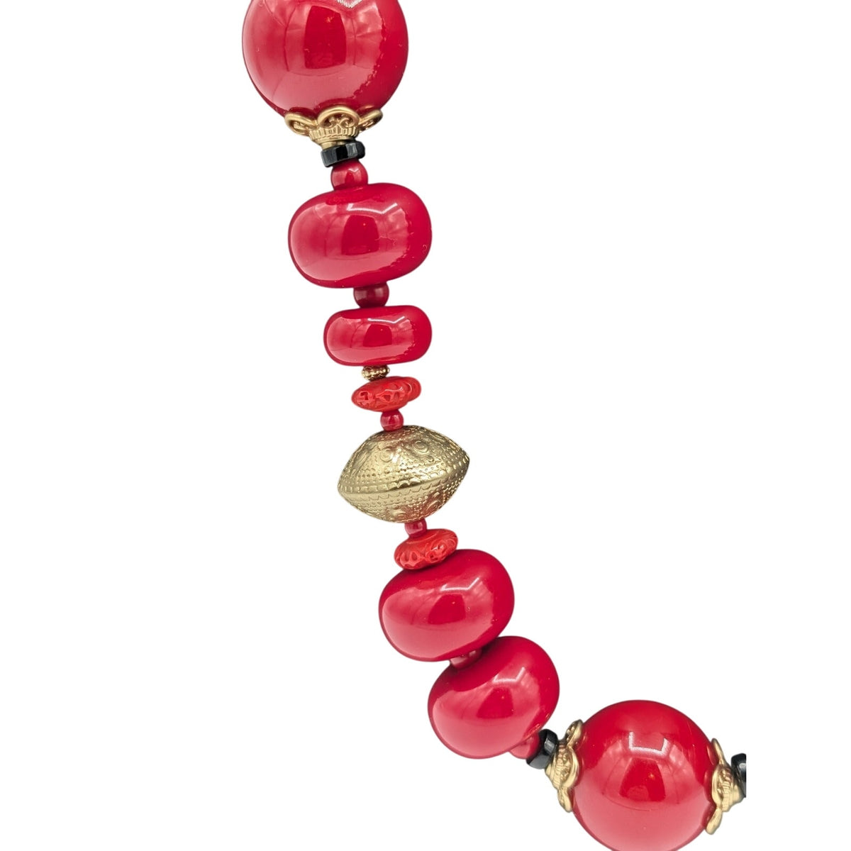 Chico's Chunky Heavy Red, Gold & Black Beaded 34"-40" Statement Necklace