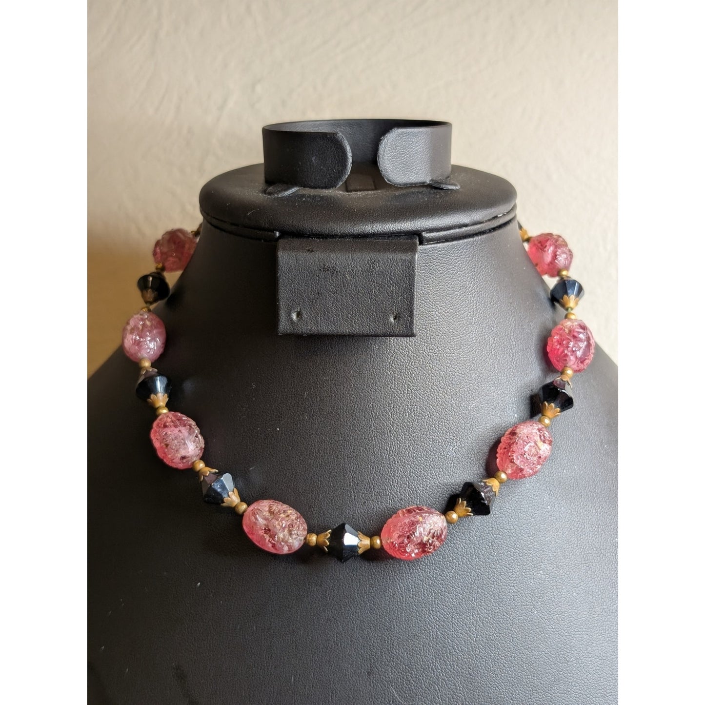 Antique Carved Strawberry Quartz Black Bi-Cone Brass Bead & Hook Clasp Necklace