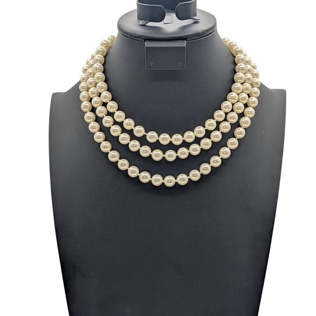 Vintage Triple Strand Knotted Approximately 10mm Faux Pearl 17" Necklace