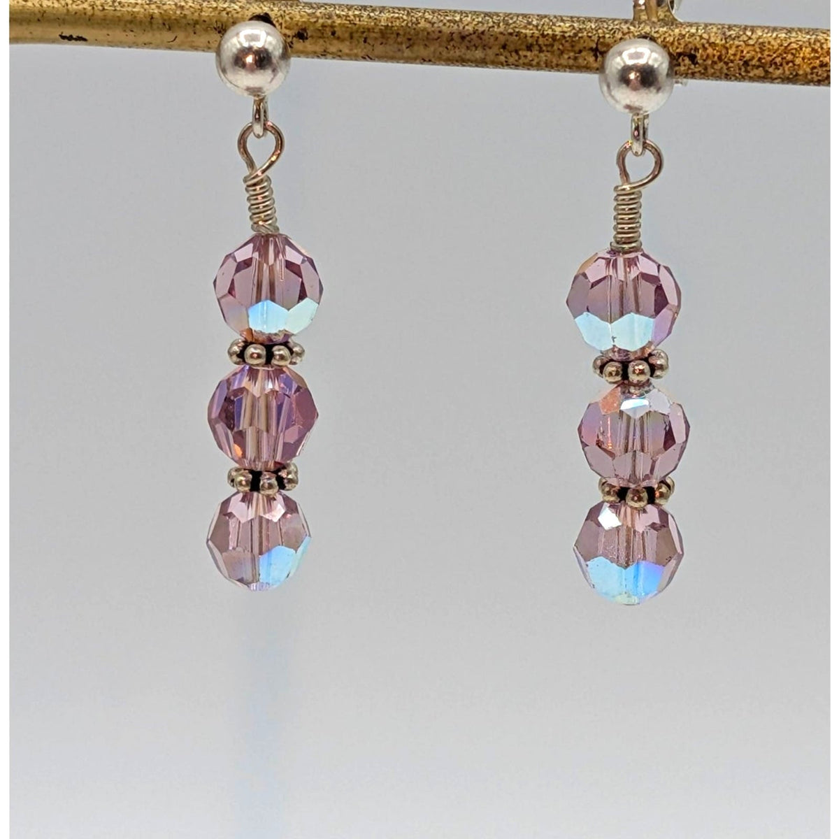 925 Sterling Silver Three Lavender AB Crystal Bead Dangle Drop Earrings