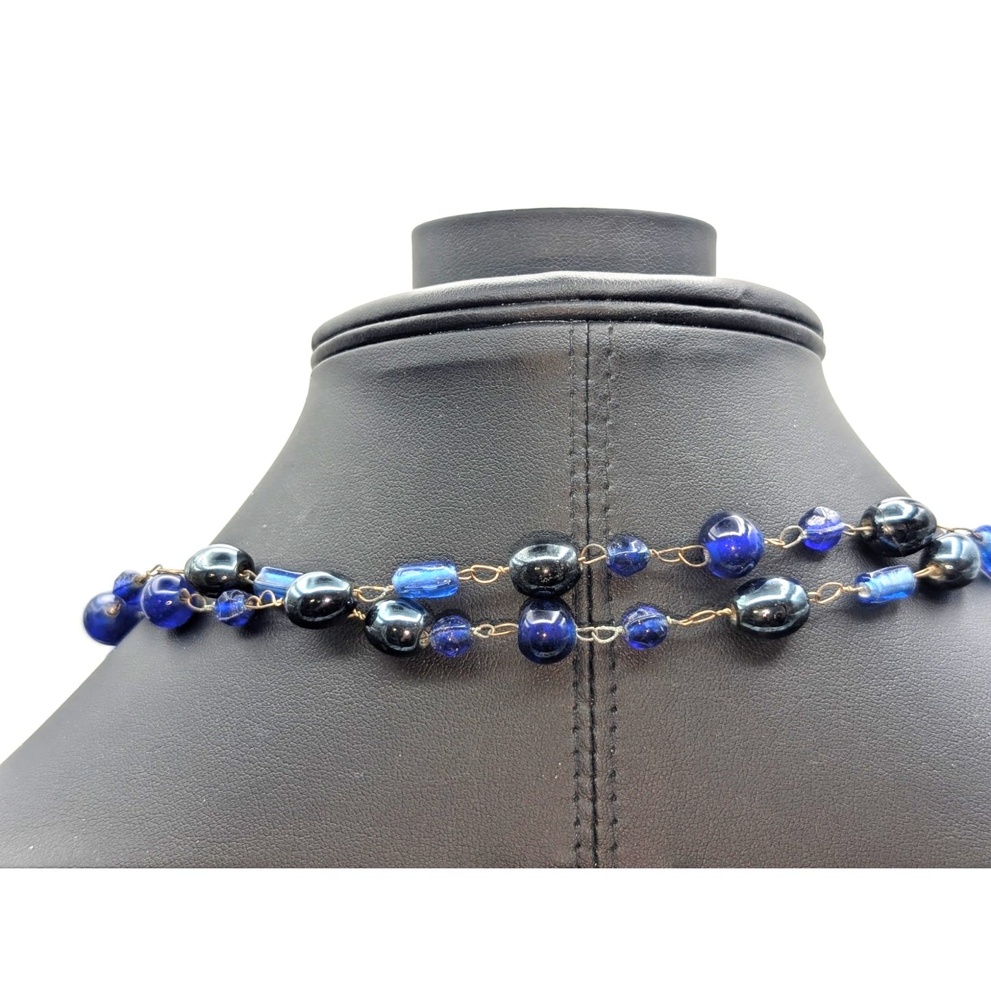 Vintage Blue Glass Rosary Style Beaded 52" Long Chain Necklace