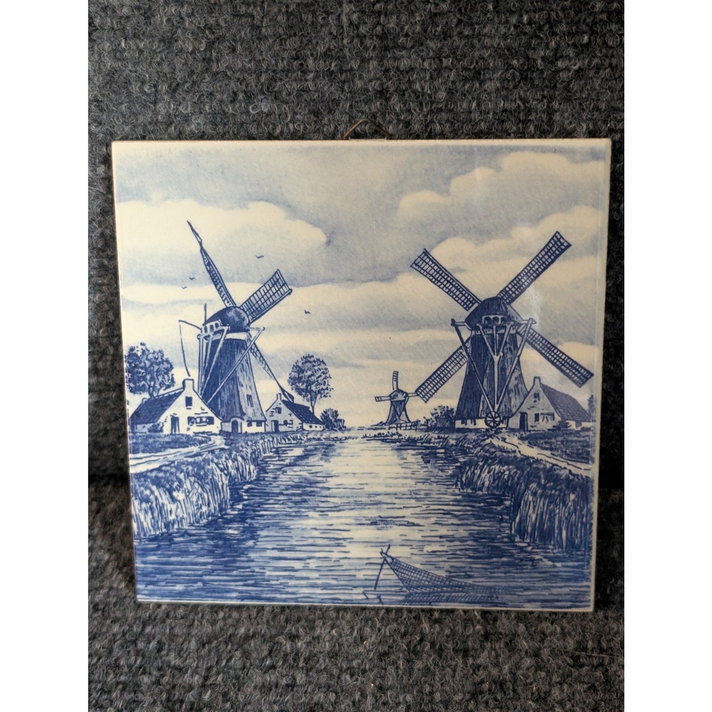 Vtg 6" Delft Blue Tile Trivet Dutch Windmills and Canal Stamped Roman Numeral II