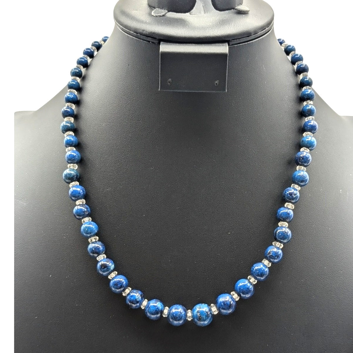 VTG 14K Gold Clasp Navy Blue Black Vein Graduated Beads & Crystal 21" Necklace