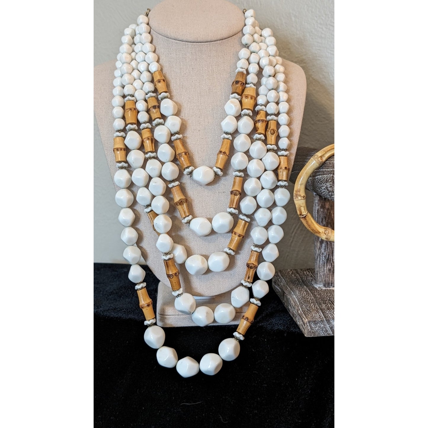 Signed Hobe Five Strand White & Bamboo Bead Vintage Necklace