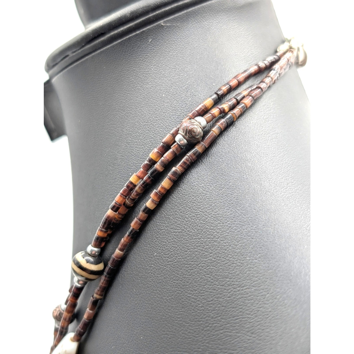 Chico's Art Glass Brown/Copper Silver Tone Bead Three Strand Tribal 32" Necklace