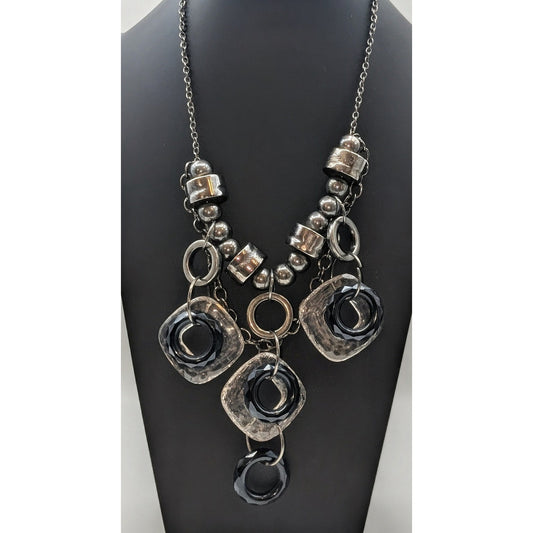 Chunky Geometrical Gun Metal Crackled Clear & Black Loopy Bead Chain Necklace