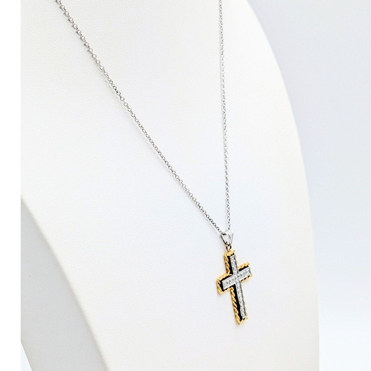 Peru 925 Sterling 1/3 10K Yellow Gold Two Tone Cross Pendant Chain 18" Necklace
