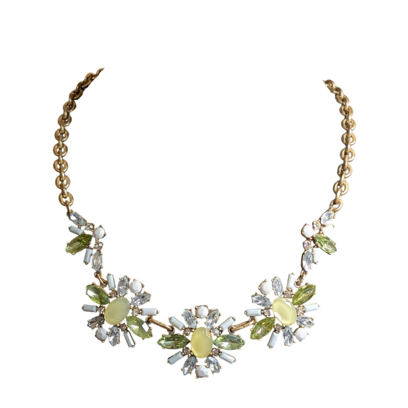 Loft Green Yellow White Rhinestone Floral Gold Tone Chain Bib Statement Necklace