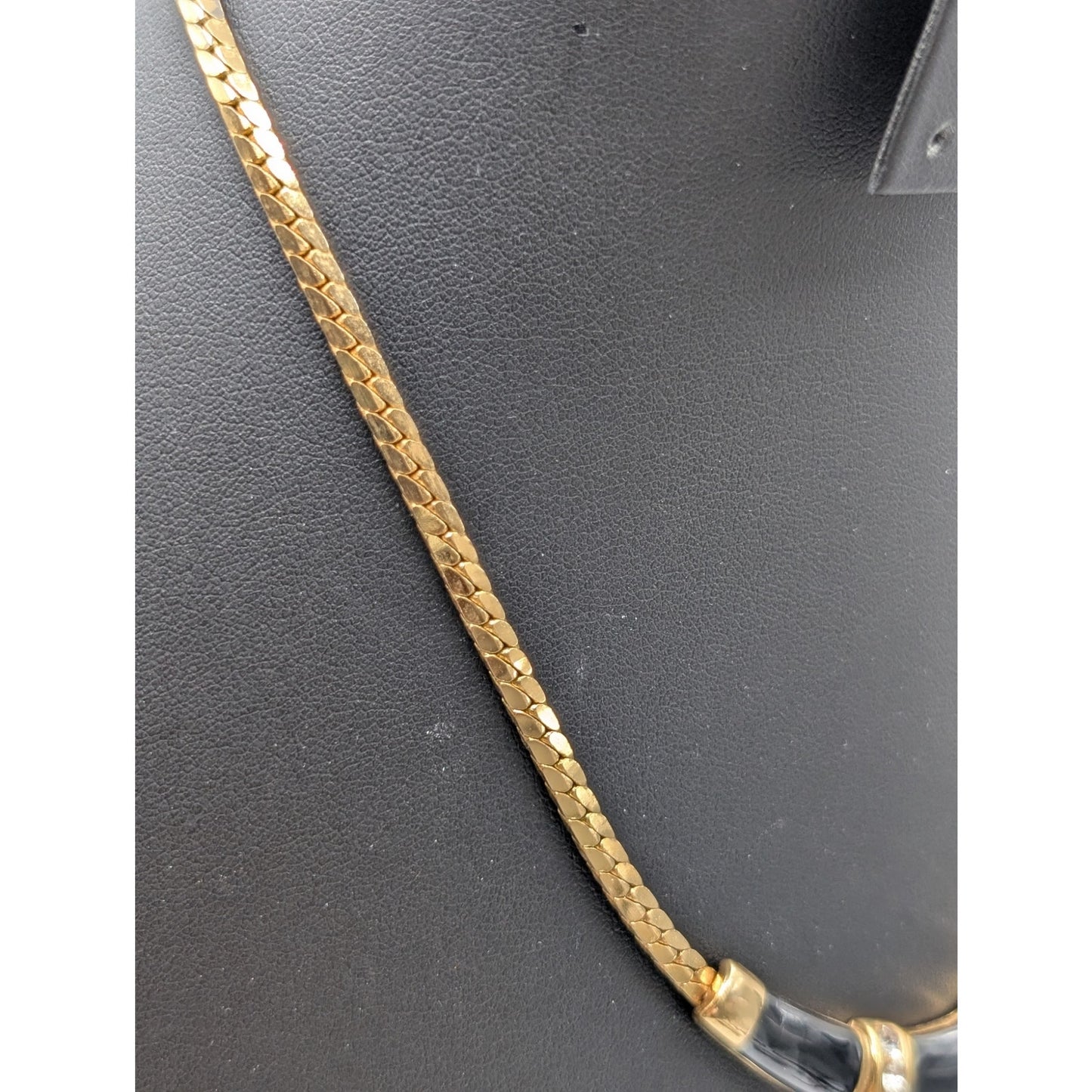 Vintage 1990s Black Enamel Clear Rhinestone Boomerang Gold Tone Classic Necklace
