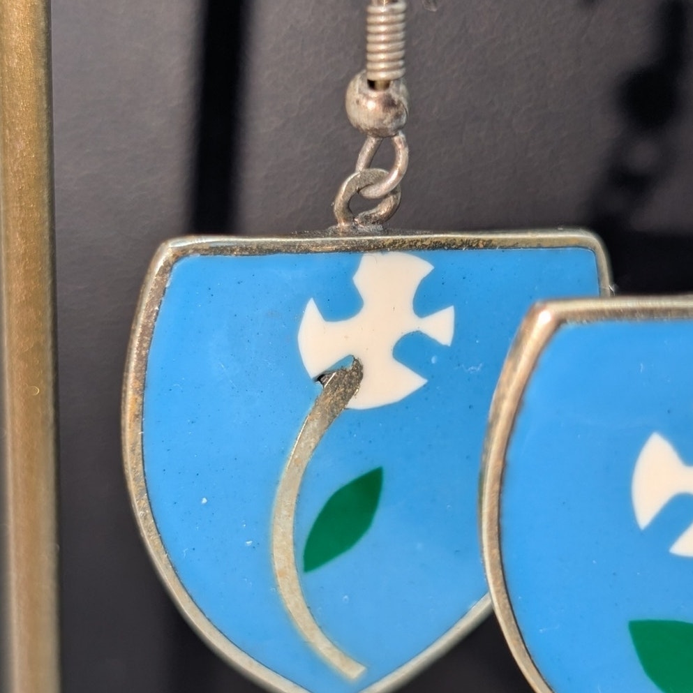 Vintage Alpaca Mexico Blue Floral Enamel Shield Dangle Earrings