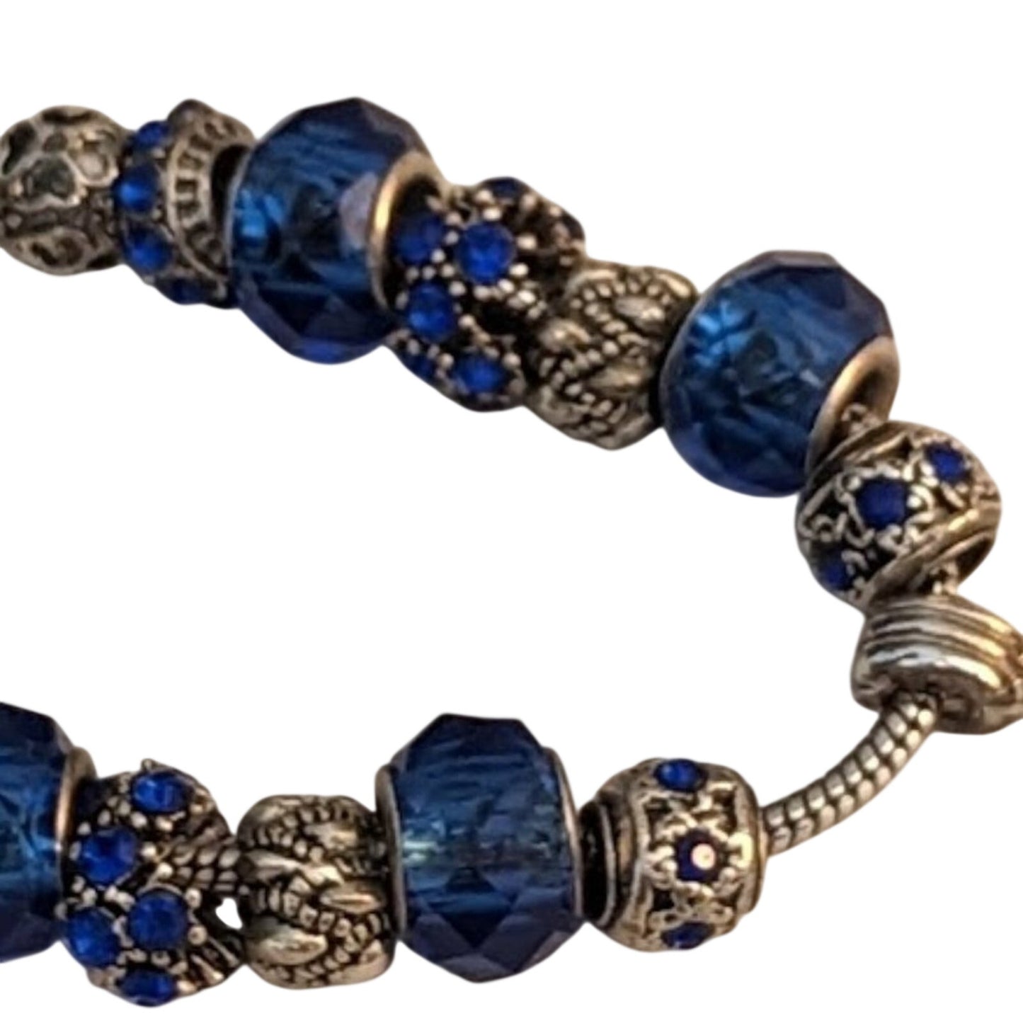 Charm Bracelet With Blue Crystal Beads in Silver Tone Metal with Safety Chain