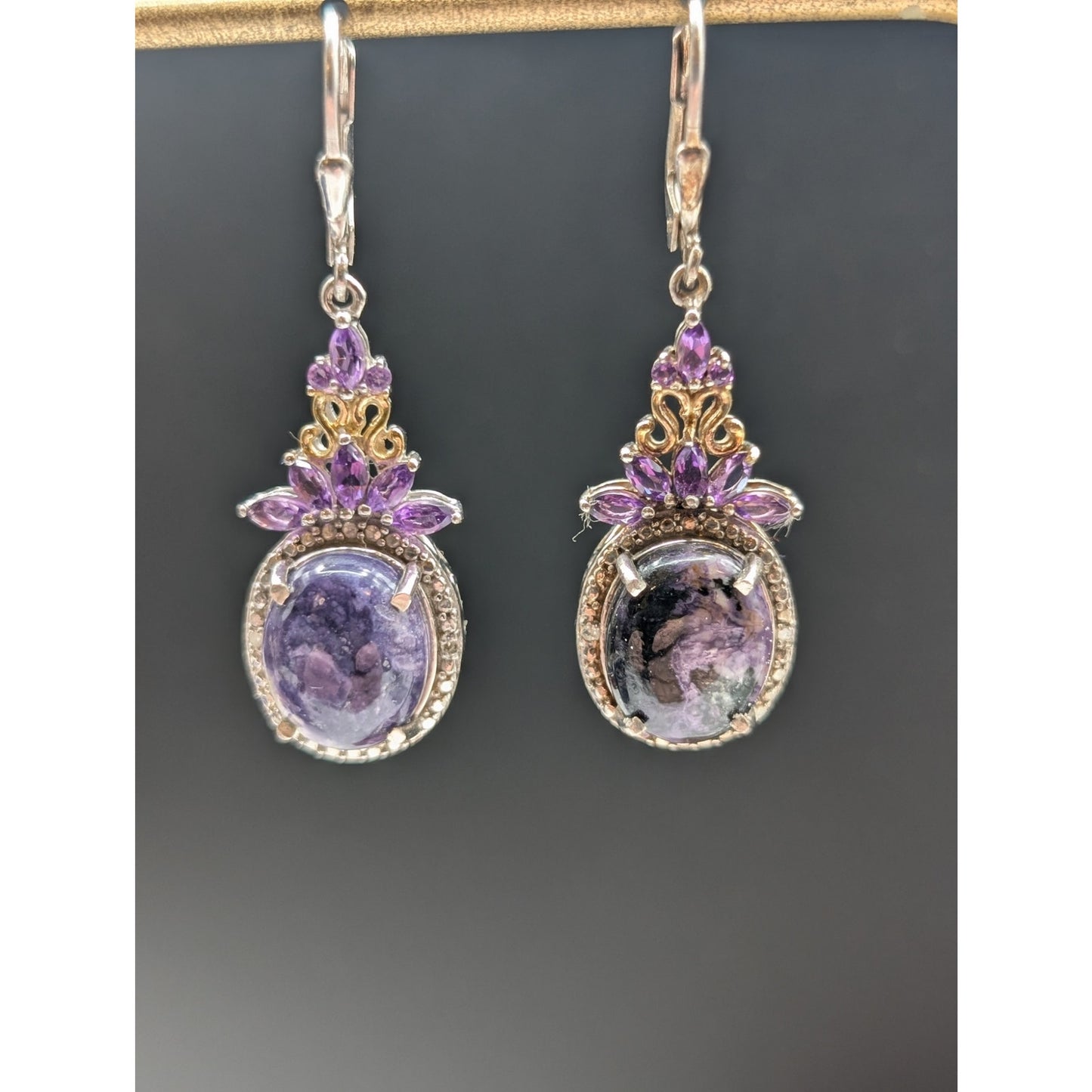 STS Sterling Amethyst/Purple Sodalite Dangle Lever-Back 1.5" Earrings 7.04g