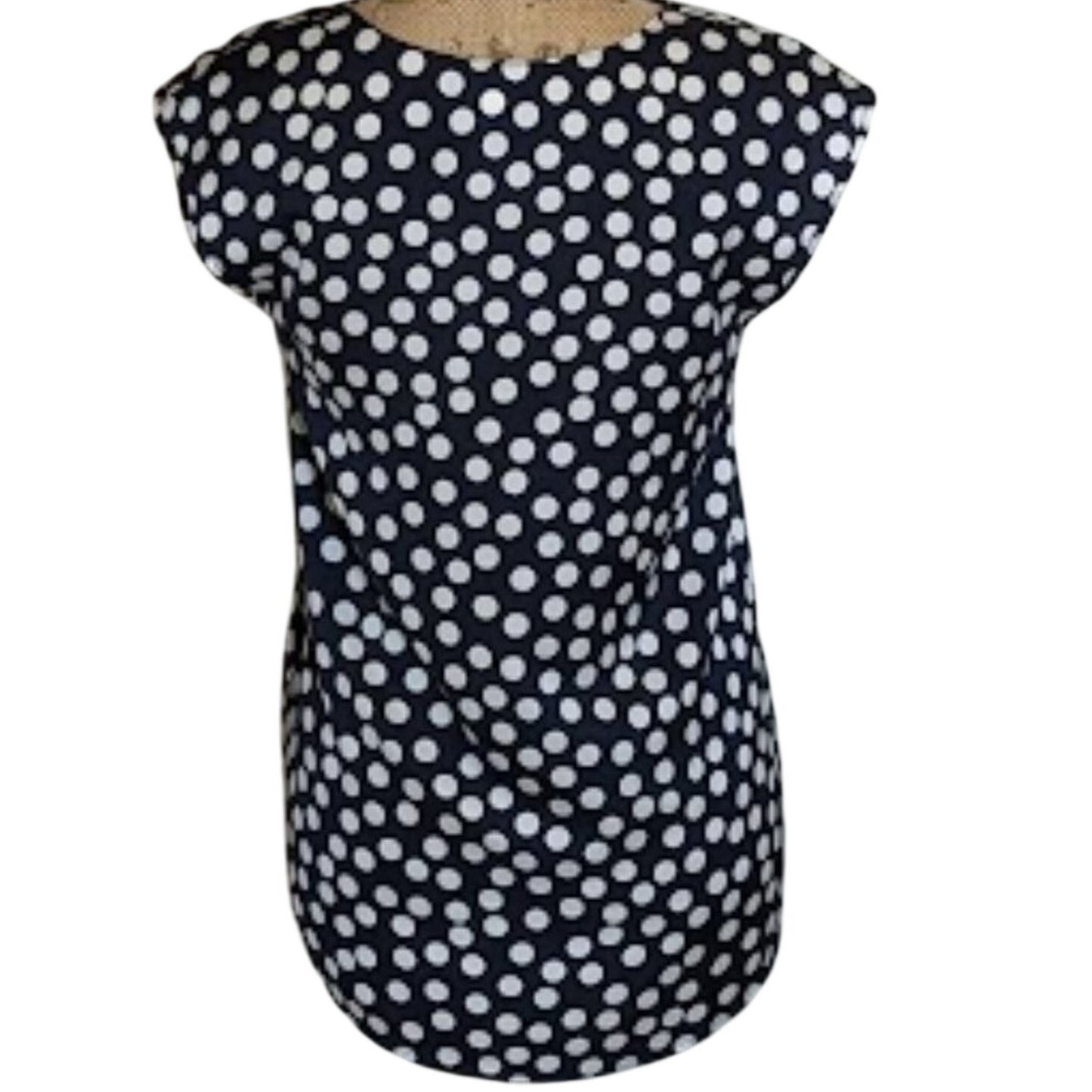 J Crew Women's Size 2 Navy Polka Dot Print Scoop Neck Cap Sleeve Blouse