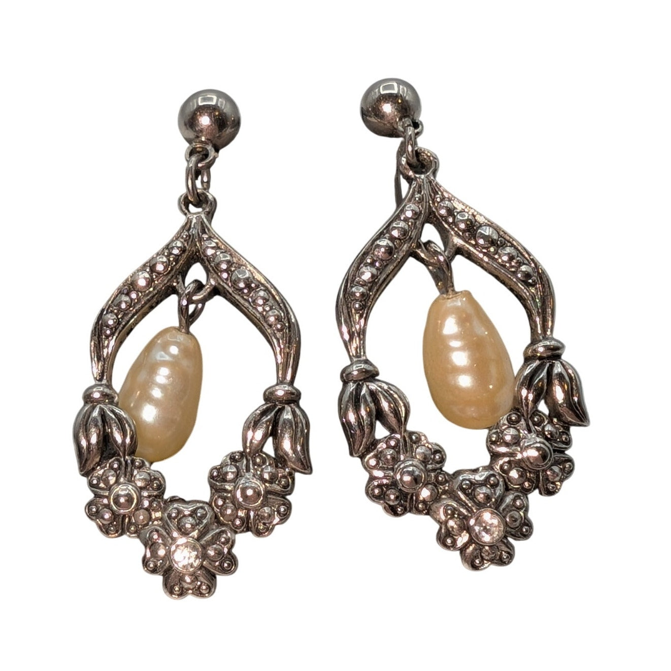 VTG Signed Avon 'Romantic Renaissance' Faux Pearl & Marcasite Floral Earrings
