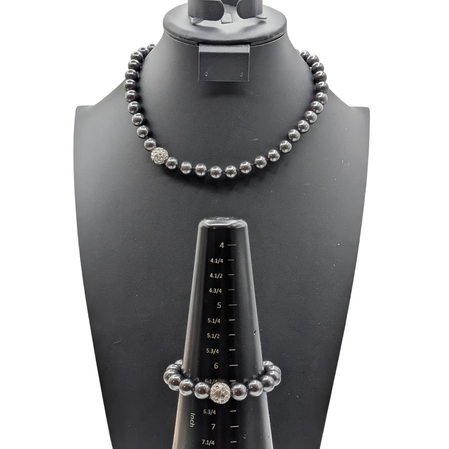 Simulated Tahitian Pearl Pave Crystal Screw Closure Knotted Necklace & Bracelet