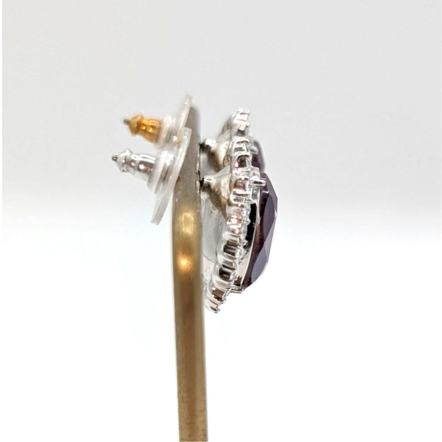 Deep Mauve Oval Faceted Glass Stone W/ CZ Halo Surround Silver Tone Earrings