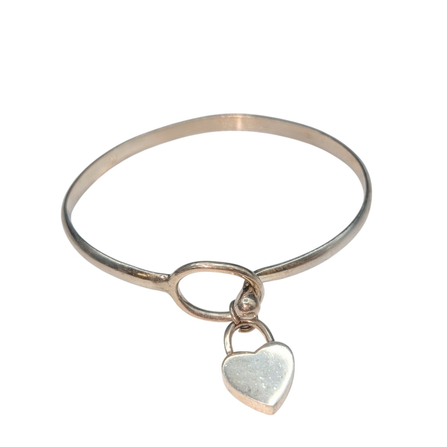 Vintage 925 Sterling Dangle Heart Charm Ball Hook Clasp Bangle Bracelet