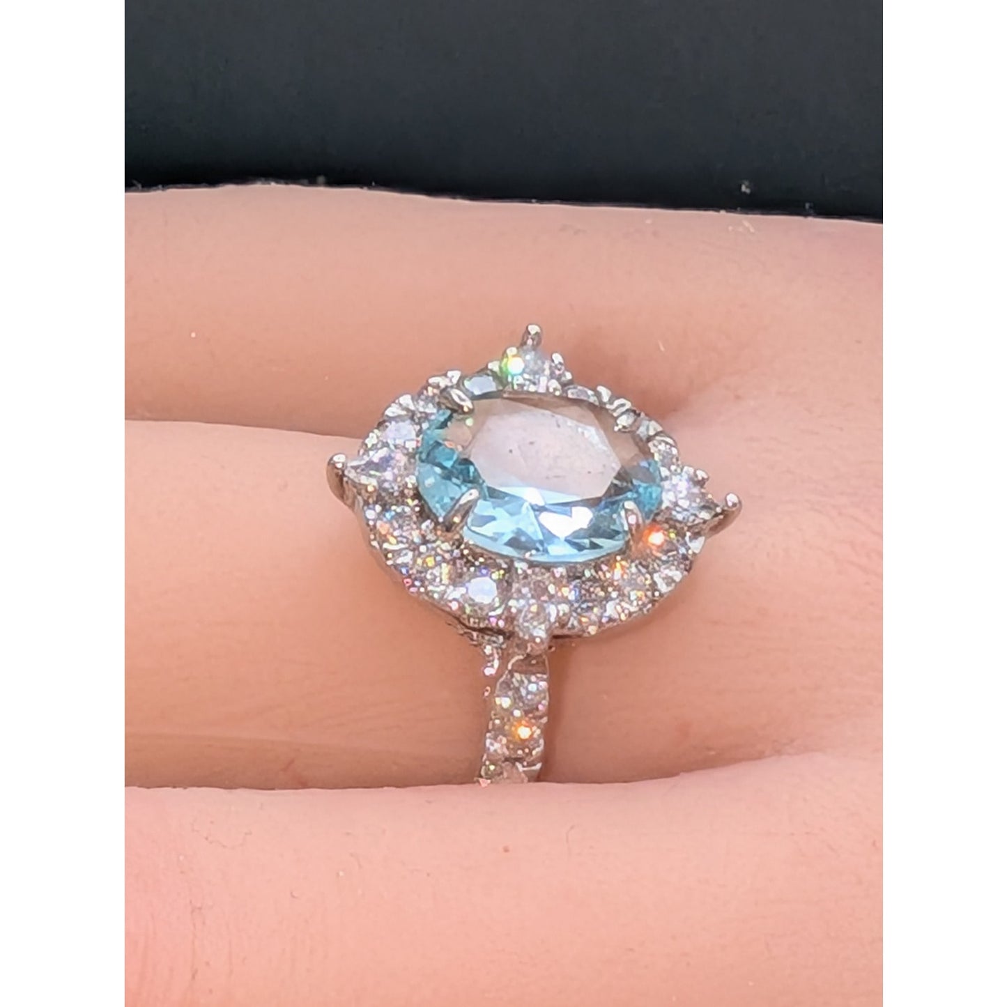 Home Party Light Blue Center Stone & Clear Halo CZ Silver Tone Ring Sz 9