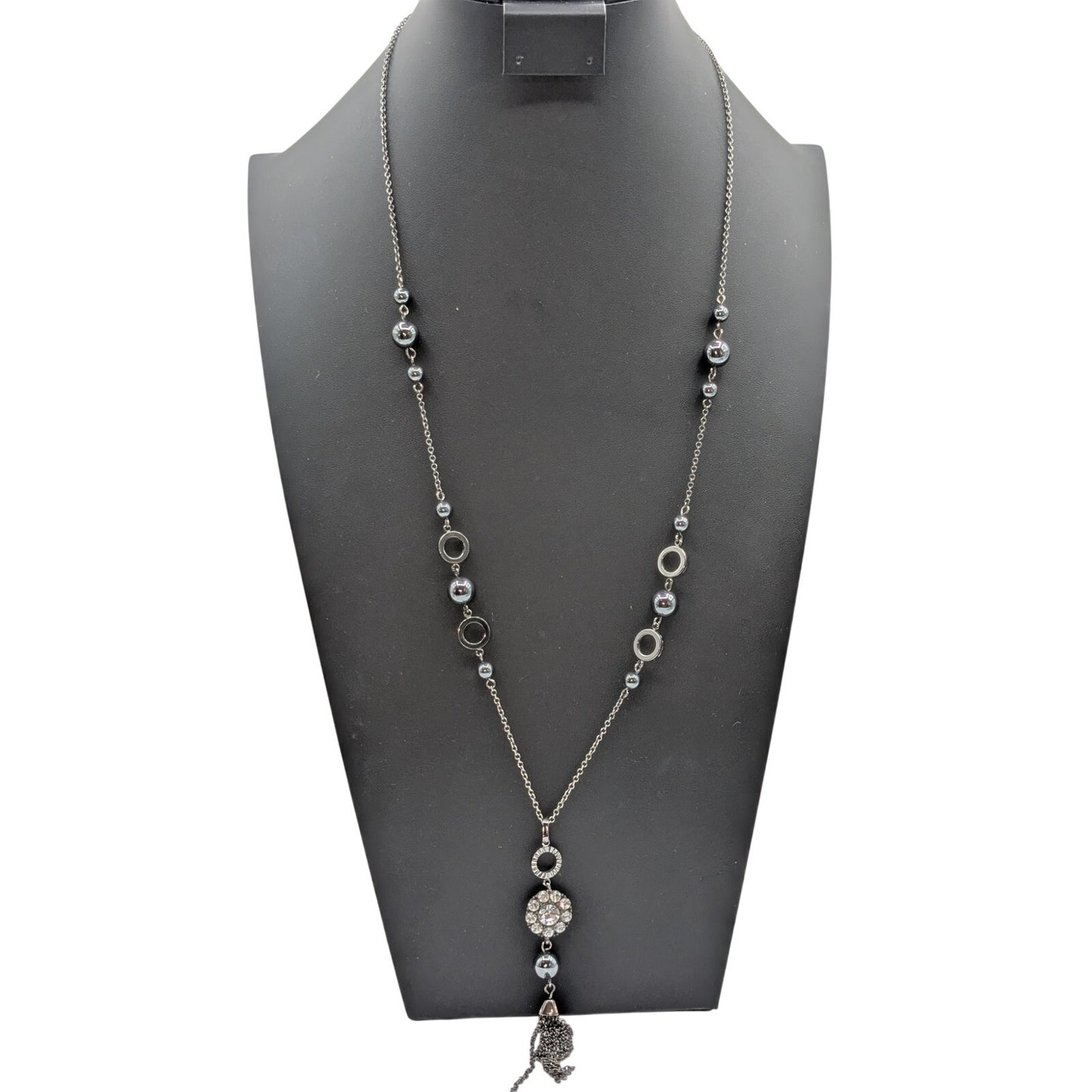 Lia Sophia Gun Metal Metallic Bead Rhinestone Tassel 27"-30" Chain Necklace