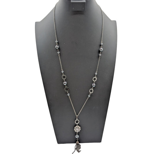 Lia Sophia Gun Metal Metallic Bead Rhinestone Tassel 27"-30" Chain Necklace