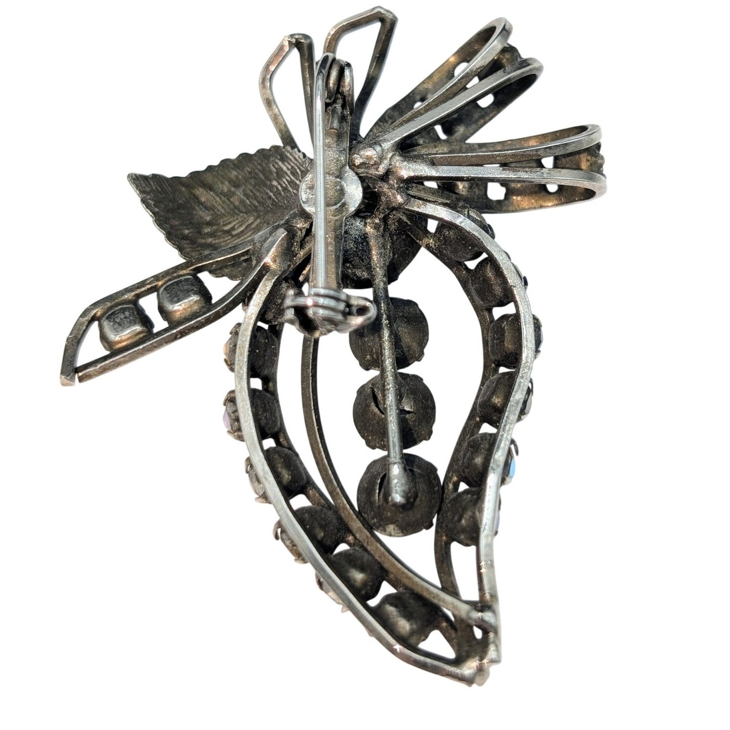 Vintage Antiqued Silver Sparkling Watermelon & AB Rhinestone Brooch