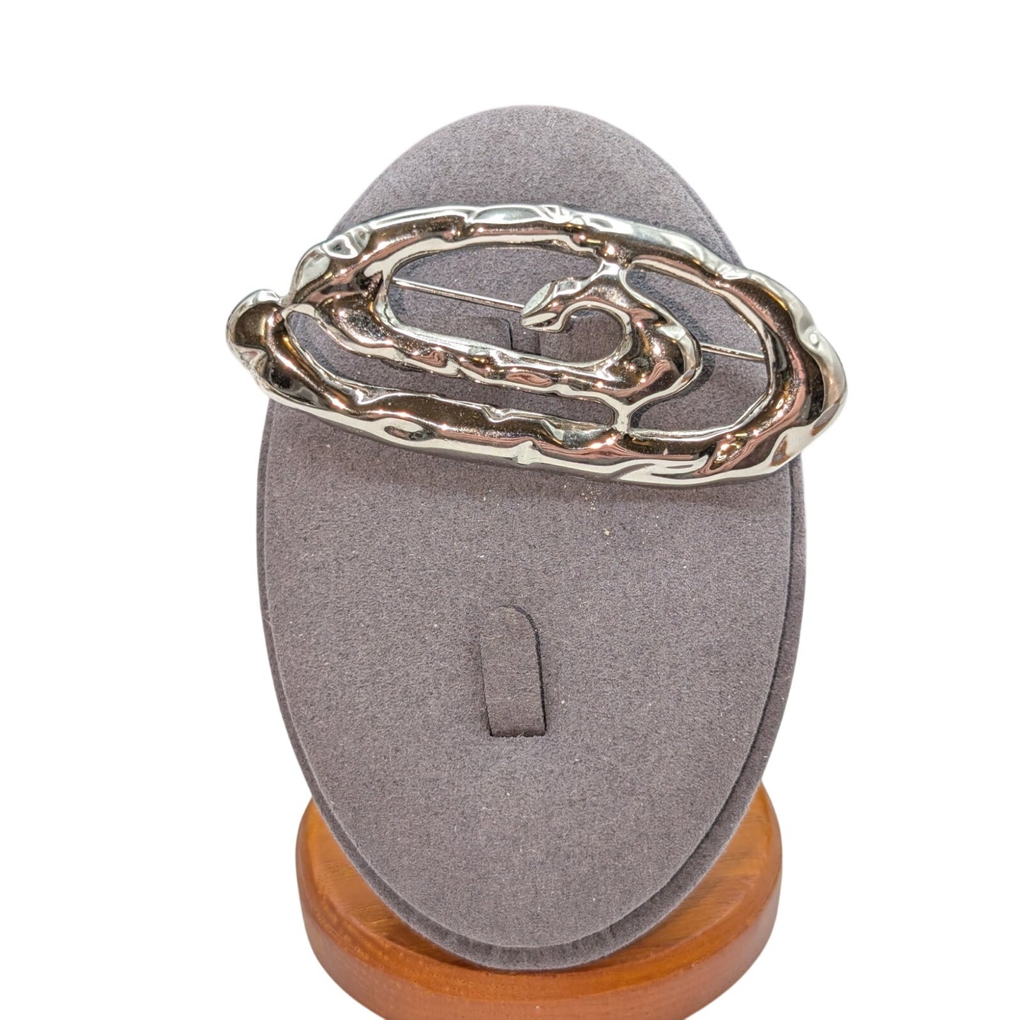 Vintage Oval Hammered Abstract Swirl Silver Tone Brooch