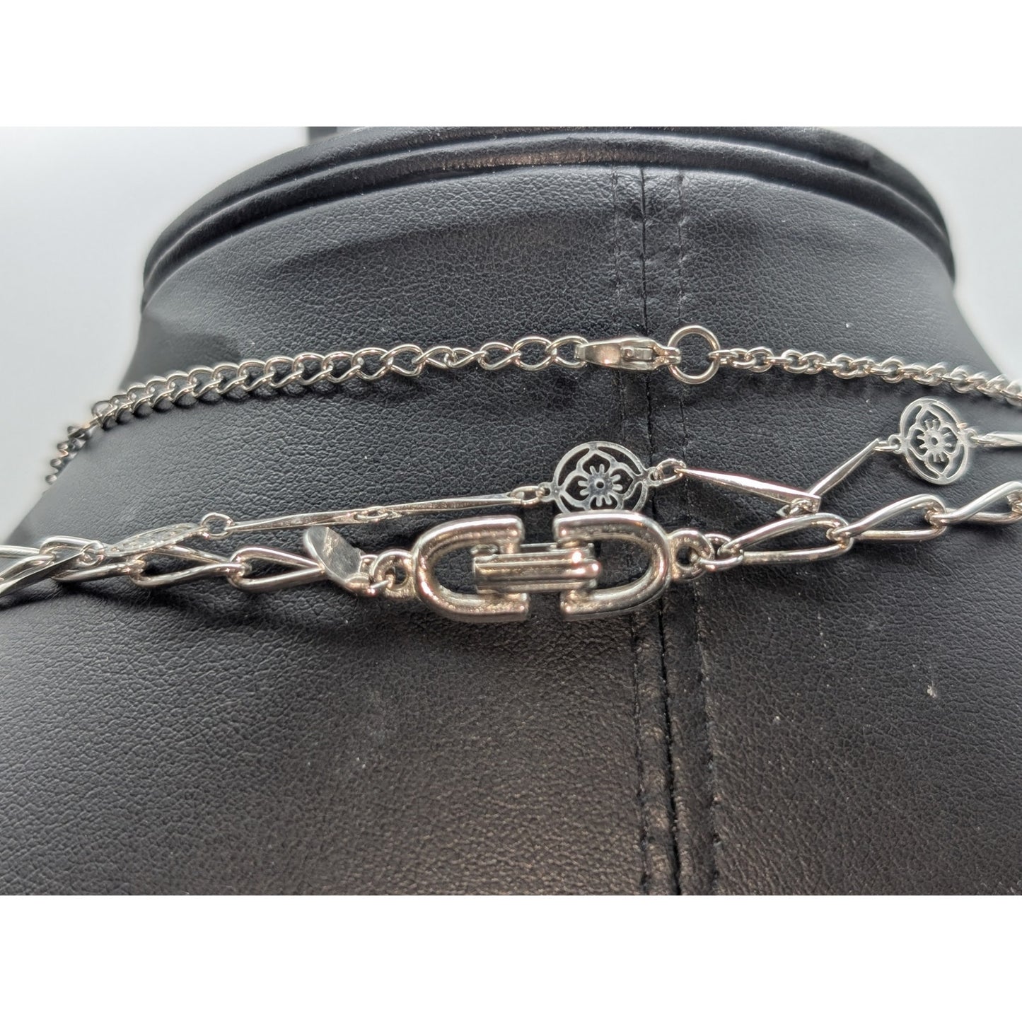 Lot of Three Silver Tone Necklaces-Blue Faux Stone Chain & Avon Vtg Lace Flower