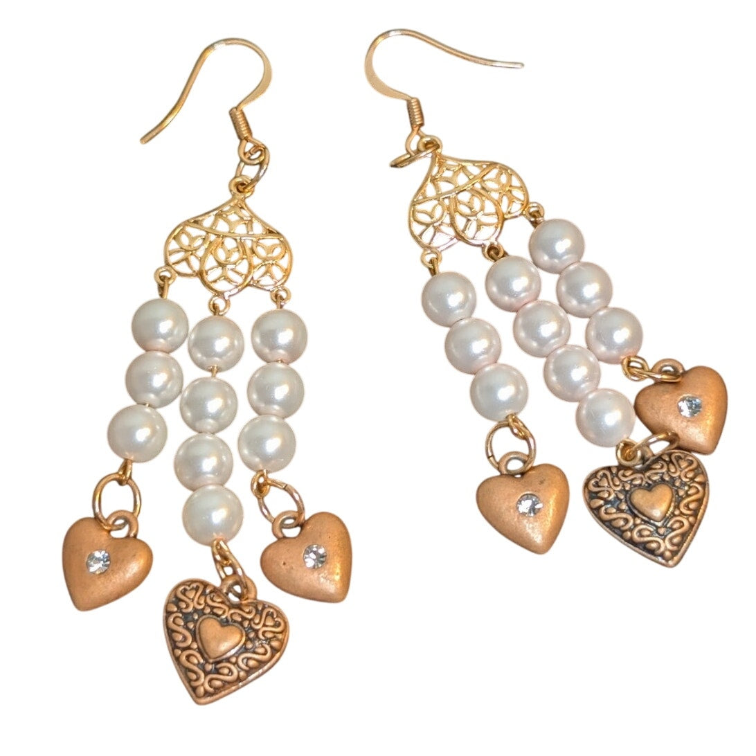 Rose Tone Triple Pearl Strand Dangle Hearts Earrings