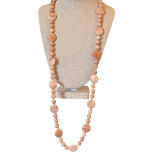 Peach Polished Stone Necklace with Gold Toggle Clasp Marked 'L'