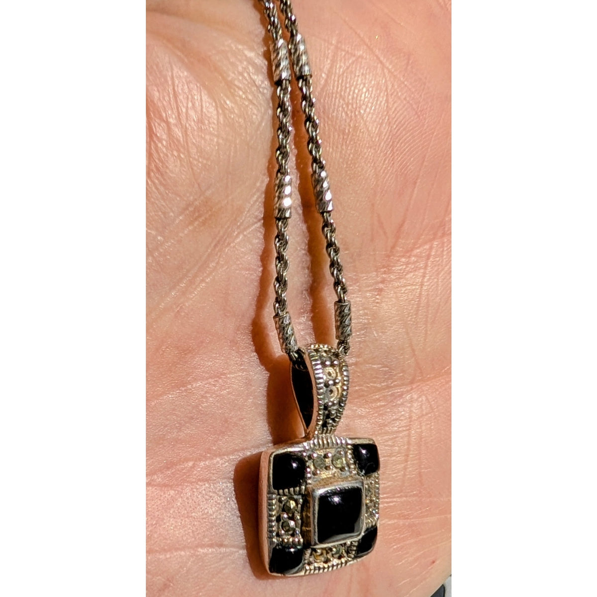 Vtg 925 Sterling Checkerboard Black Onyx Marcasite Pendant Bar Chain Necklace